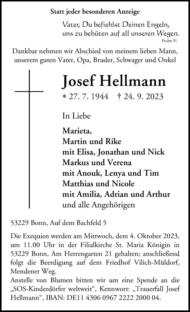  Traueranzeige für Josef Hellmann vom 30.09.2023 aus General-Anzeiger Bonn
