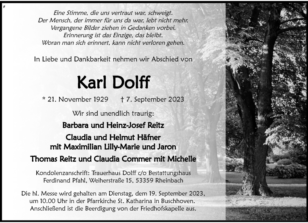  Traueranzeige für Karl Dolff vom 16.09.2023 aus General-Anzeiger Bonn