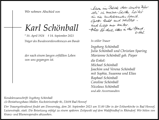 Anzeige von Karl Schönball von General-Anzeiger Bonn