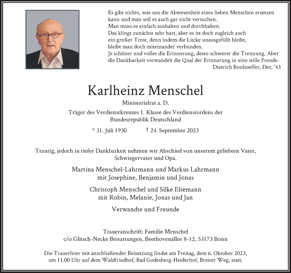  Traueranzeige für Karlheinz Menschel vom 30.09.2023 aus General-Anzeiger Bonn
