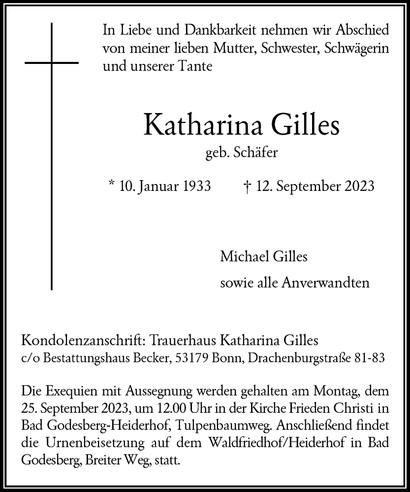  Traueranzeige für Katharina Gilles vom 16.09.2023 aus General-Anzeiger Bonn