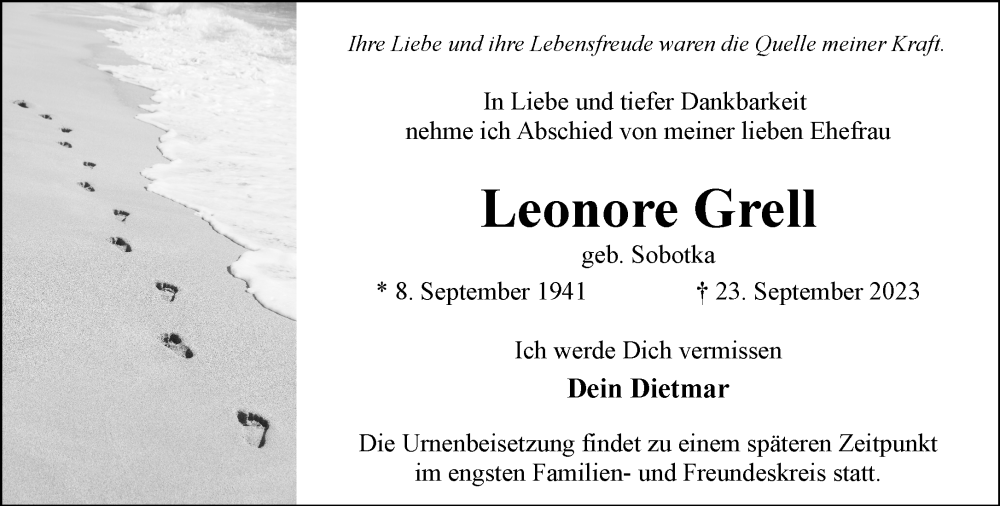  Traueranzeige für Leonore Grell vom 30.09.2023 aus General-Anzeiger Bonn