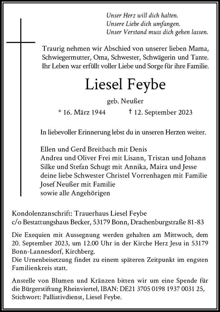  Traueranzeige für Liesel Feybe vom 16.09.2023 aus General-Anzeiger Bonn
