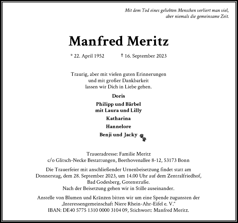  Traueranzeige für Manfred Meritz vom 23.09.2023 aus General-Anzeiger Bonn