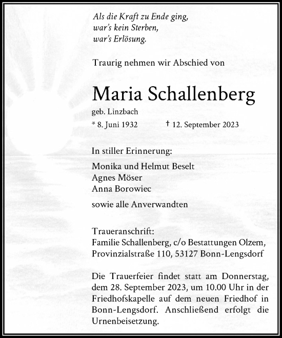 Anzeige von Maria Schallenberg von General-Anzeiger Bonn