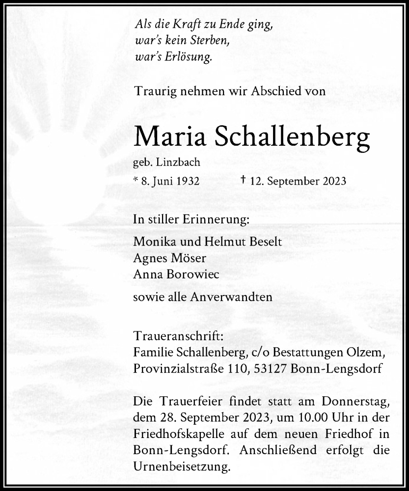  Traueranzeige für Maria Schallenberg vom 23.09.2023 aus General-Anzeiger Bonn