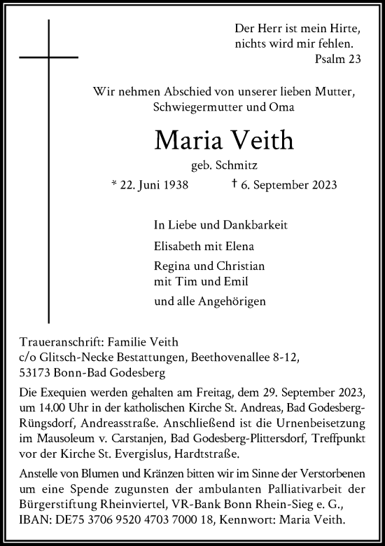 Anzeige von Maria Veith von General-Anzeiger Bonn