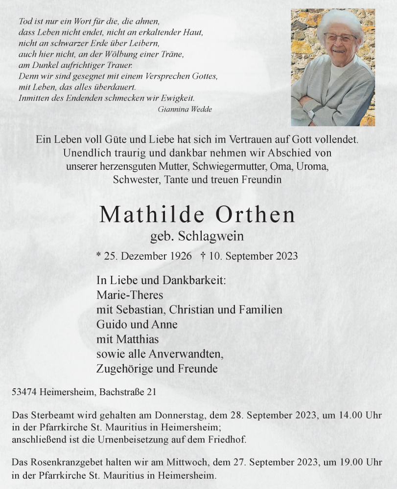  Traueranzeige für Mathilde Orthen vom 16.09.2023 aus General-Anzeiger Bonn