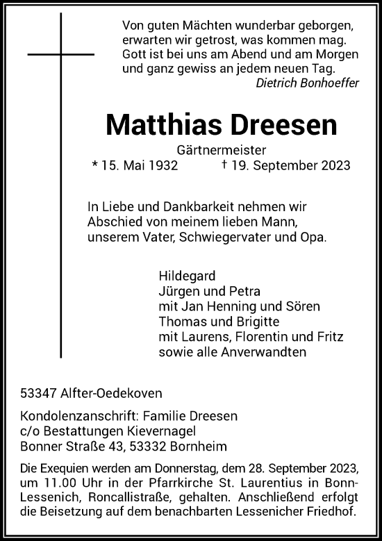 Anzeige von Matthias Dreesen von General-Anzeiger Bonn