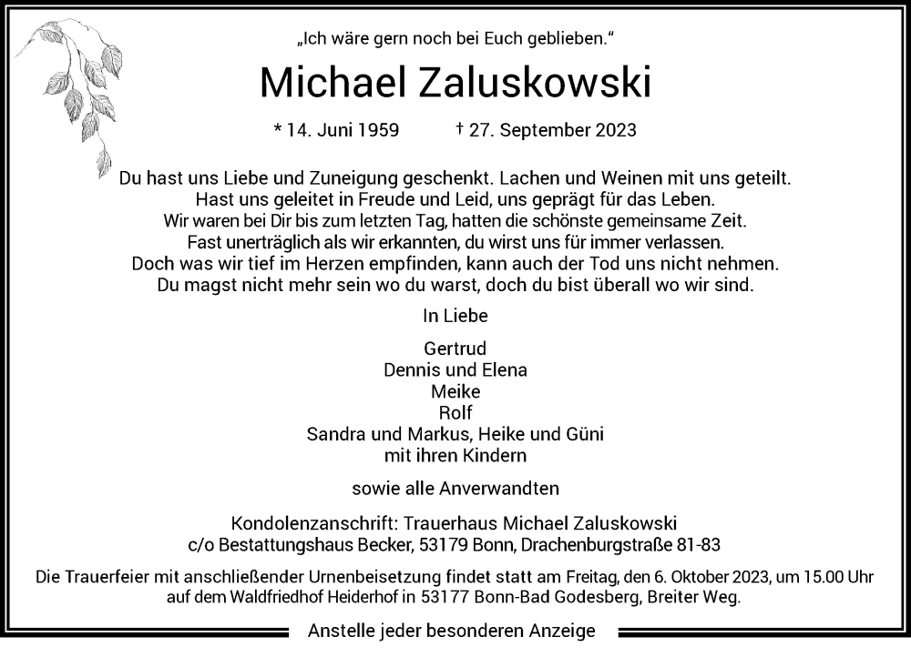  Traueranzeige für Michael Zaluskowski vom 30.09.2023 aus General-Anzeiger Bonn