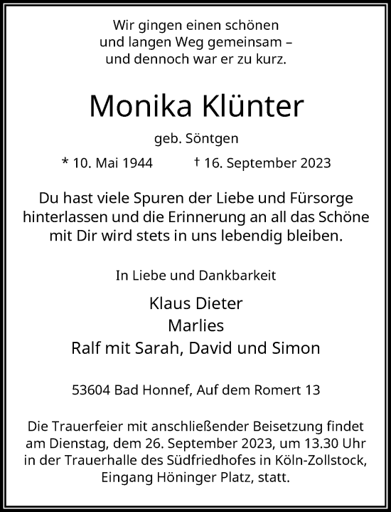 Anzeige von Monika Klünter von General-Anzeiger Bonn