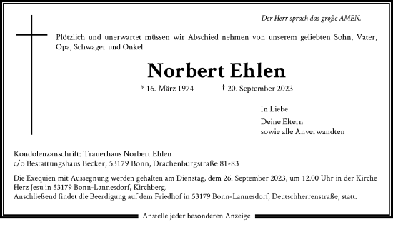 Anzeige von Norbert Ehlen von General-Anzeiger Bonn