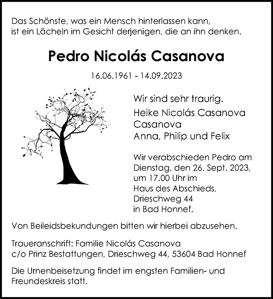  Traueranzeige für Pedro Nicolas Casanova vom 23.09.2023 aus General-Anzeiger Bonn