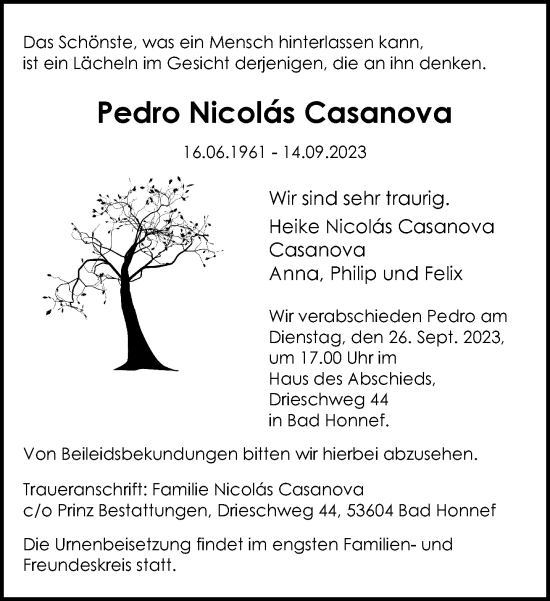 Anzeige von Pedro Nicolas Casanova von General-Anzeiger Bonn