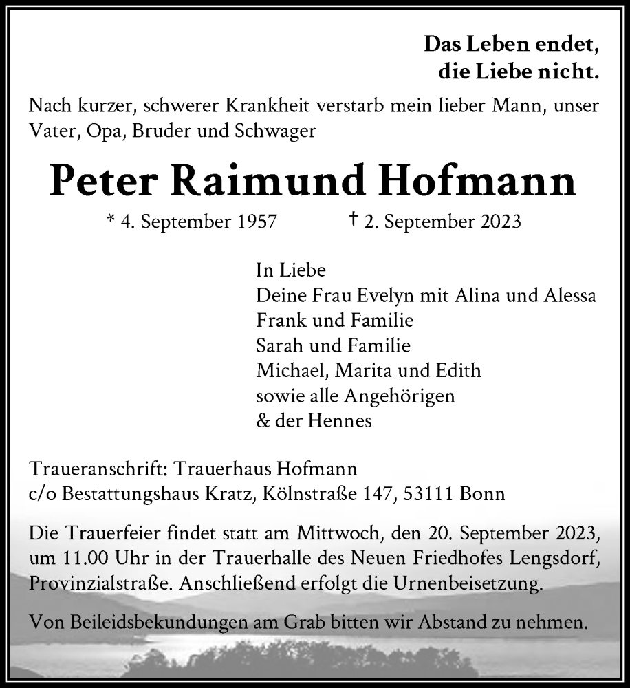  Traueranzeige für Peter Raimund Hofmann vom 09.09.2023 aus General-Anzeiger Bonn