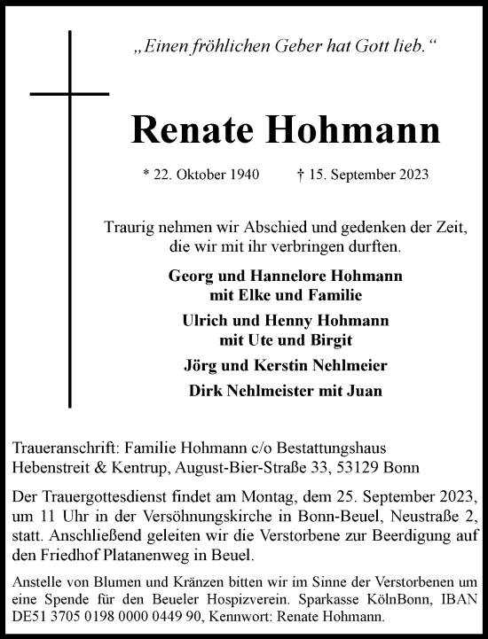 Anzeige von Renate Hohmann von General-Anzeiger Bonn