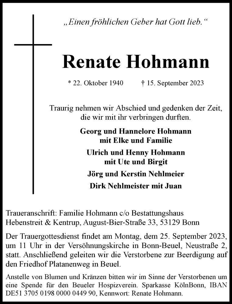  Traueranzeige für Renate Hohmann vom 23.09.2023 aus General-Anzeiger Bonn