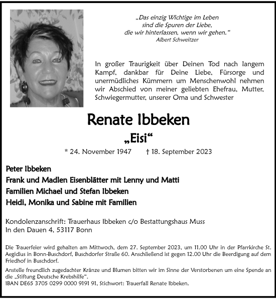 Anzeige von Renate Ibbeken von General-Anzeiger Bonn