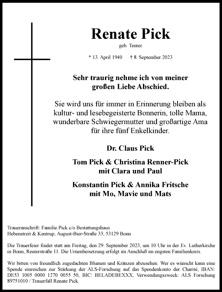  Traueranzeige für Renate Pick vom 16.09.2023 aus General-Anzeiger Bonn