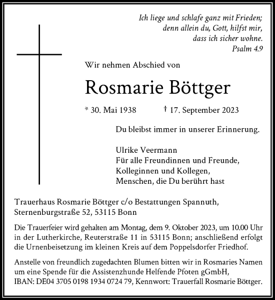 Anzeige von Rosmarie Böttger von General-Anzeiger Bonn