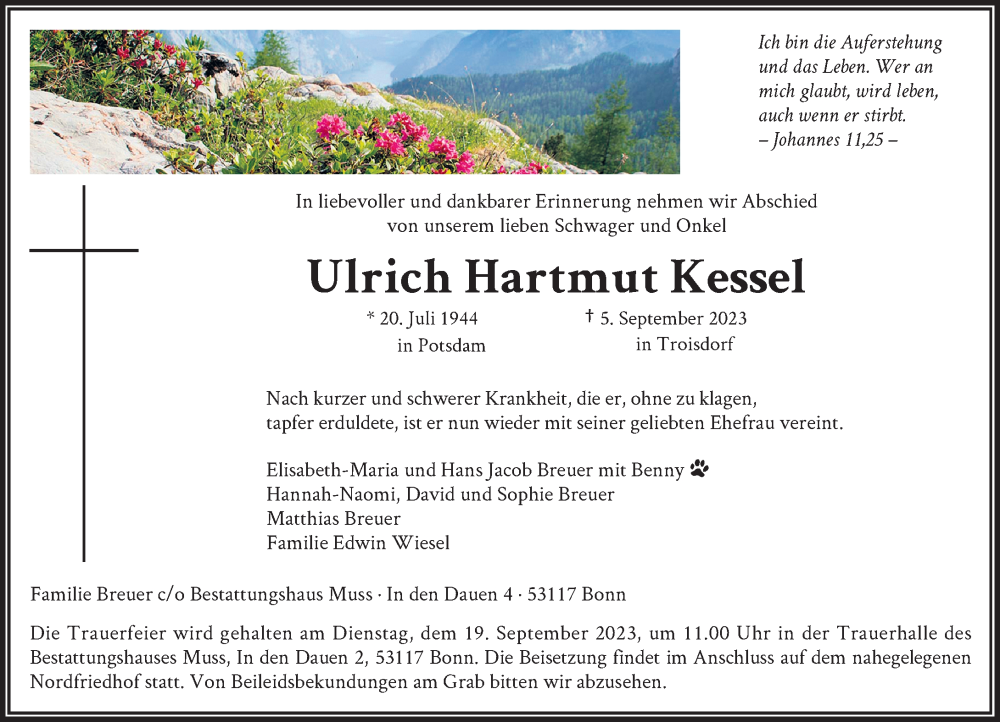  Traueranzeige für Ulrich Hartmut Kessel vom 16.09.2023 aus General-Anzeiger Bonn