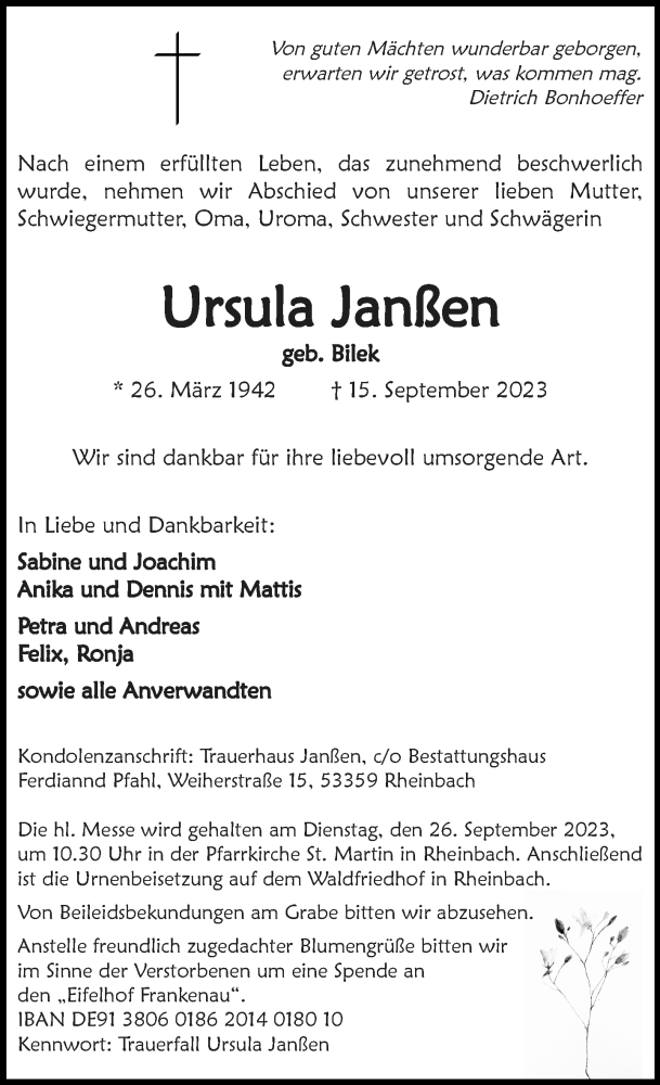  Traueranzeige für Ursula Janßen vom 23.09.2023 aus General-Anzeiger Bonn