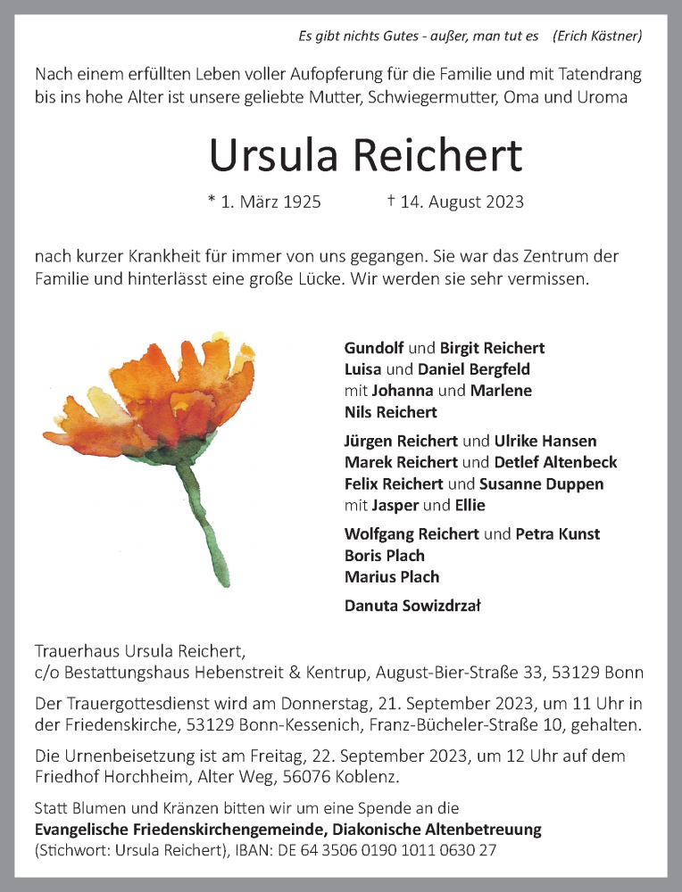  Traueranzeige für Ursula Reichert vom 16.09.2023 aus General-Anzeiger Bonn
