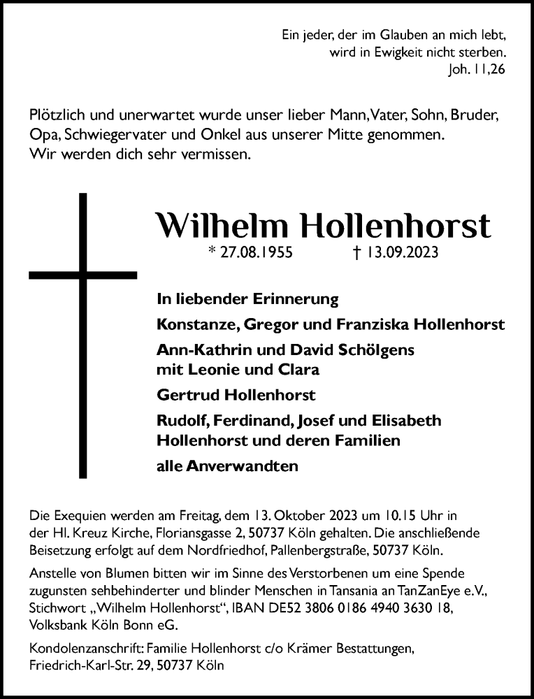  Traueranzeige für Wilhelm Hollenhorst vom 23.09.2023 aus General-Anzeiger Bonn