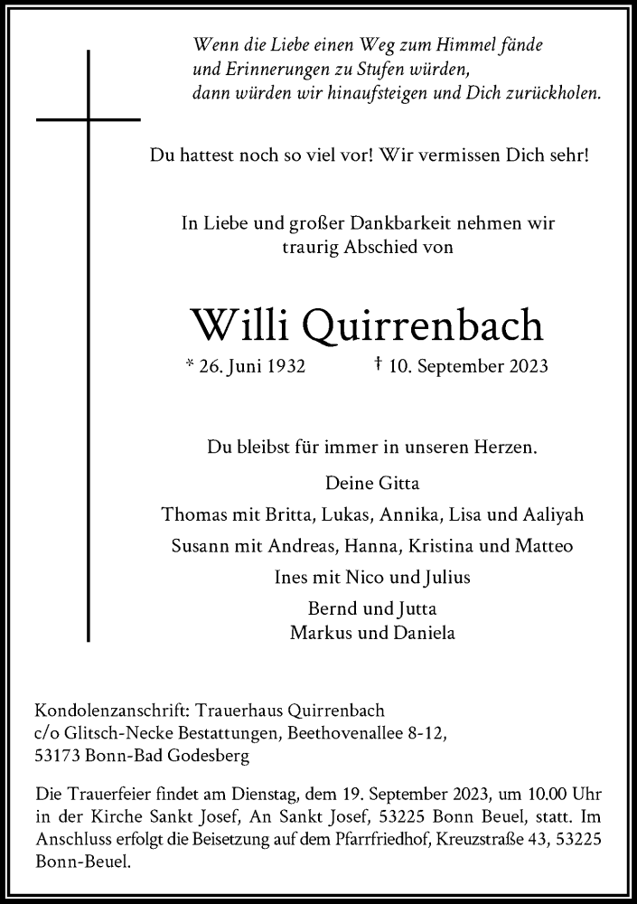  Traueranzeige für Willi Quirrenbach vom 16.09.2023 aus General-Anzeiger Bonn