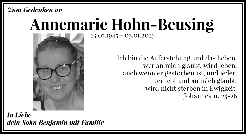  Traueranzeige für Annemarie Hohn-Beusing vom 04.01.2024 aus General-Anzeiger Bonn