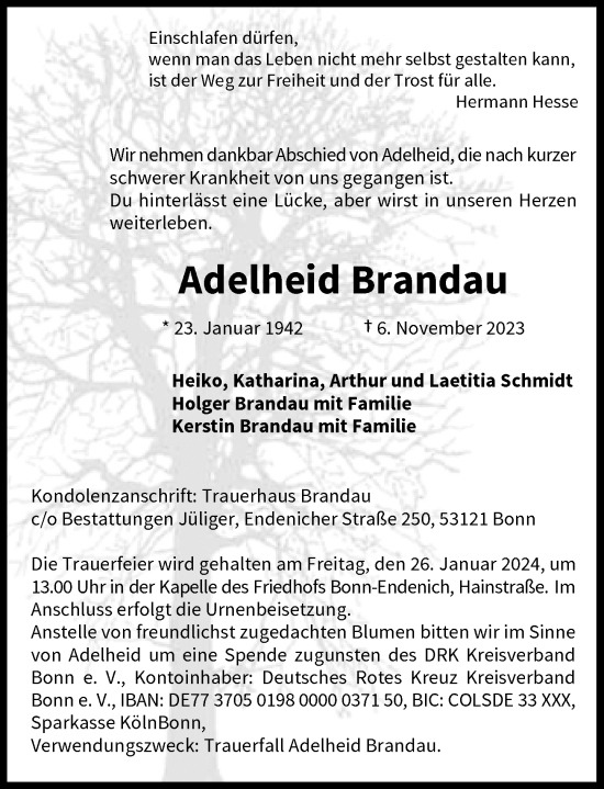 Anzeige von Adelheid Brandau von General-Anzeiger Bonn