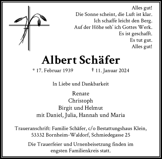 Traueranzeigen von Albert Schäfer | GA-Trauer.de