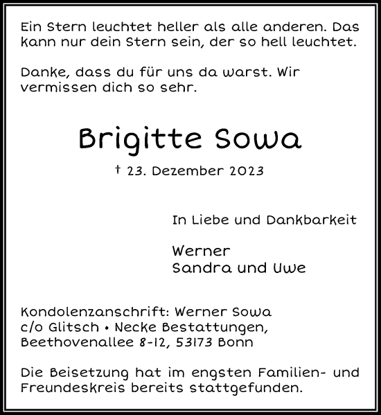 Anzeige von Brigitte Sowa von General-Anzeiger Bonn