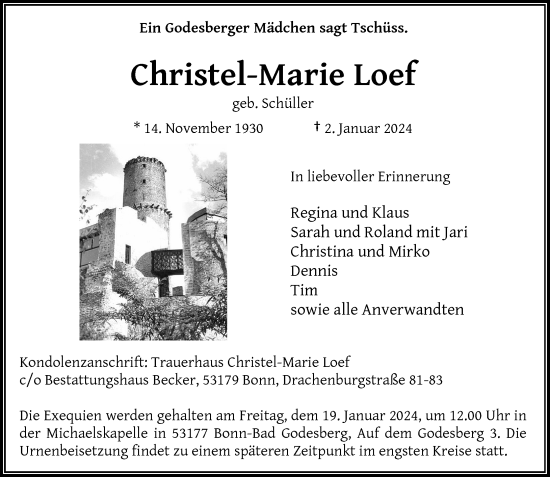 Anzeige von Christel-Marie Loef von General-Anzeiger Bonn