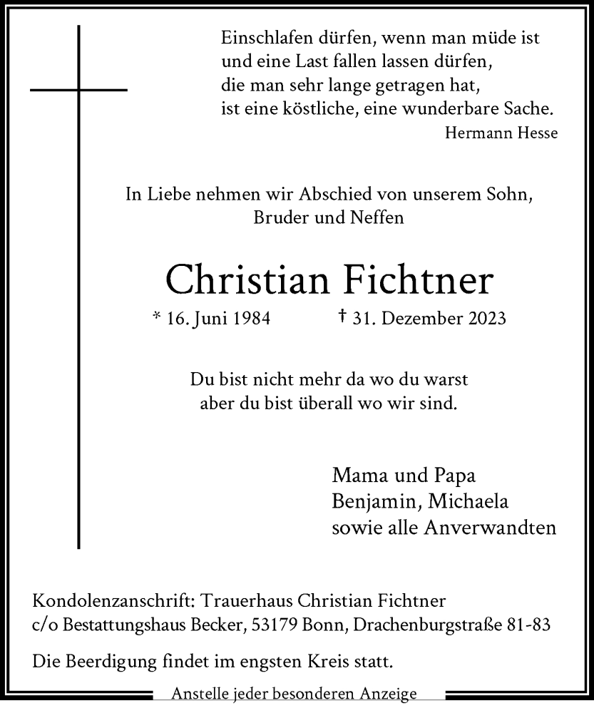  Traueranzeige für Christian Fichtner vom 06.01.2024 aus General-Anzeiger Bonn