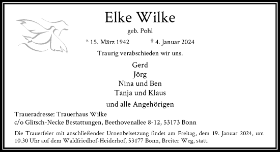 Anzeige von Elke Wilke von General-Anzeiger Bonn