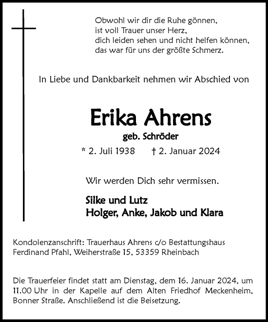 Anzeige von Erika Ahrens von General-Anzeiger Bonn