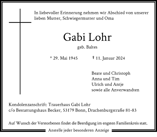 Anzeige von Gabi Lohr von General-Anzeiger Bonn