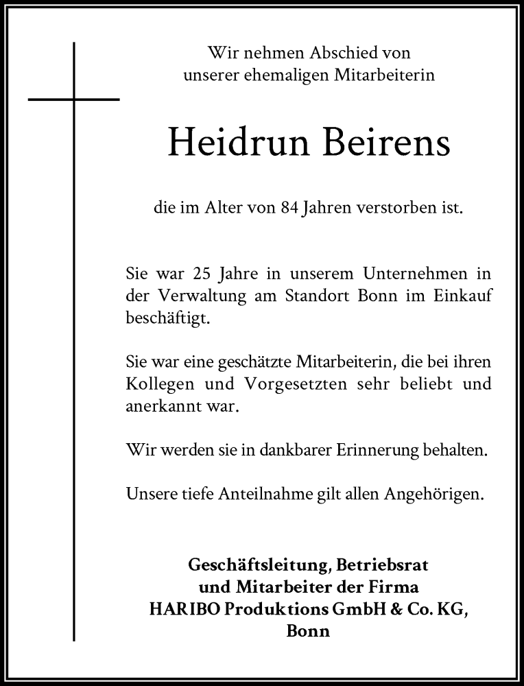  Traueranzeige für Heidrun Beirens vom 20.01.2024 aus General-Anzeiger Bonn