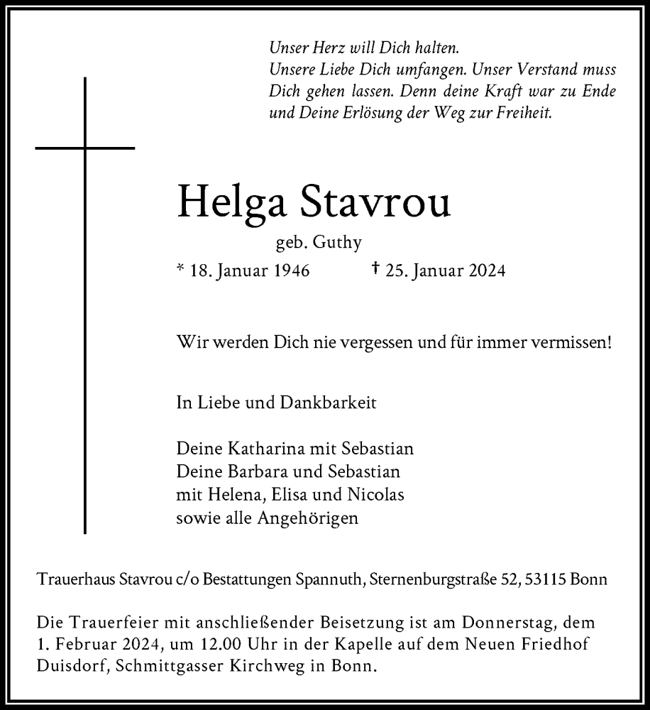  Traueranzeige für Helga Stavrou vom 27.01.2024 aus General-Anzeiger Bonn