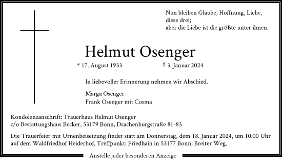 Anzeige von Helmut Osenger von General-Anzeiger Bonn