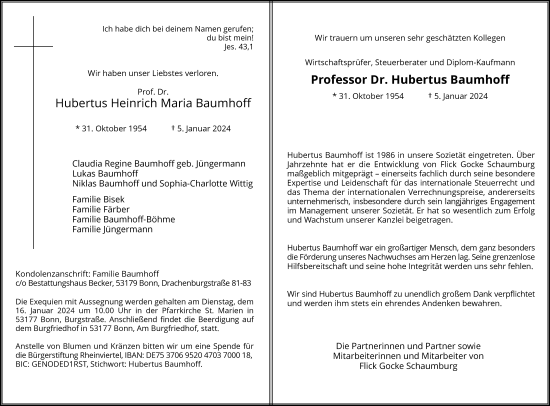 Anzeige von Hubertus Heinrich Maria Baumhoff von General-Anzeiger Bonn