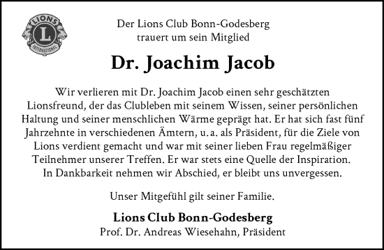 Anzeige von Joachim Jacob von General-Anzeiger Bonn