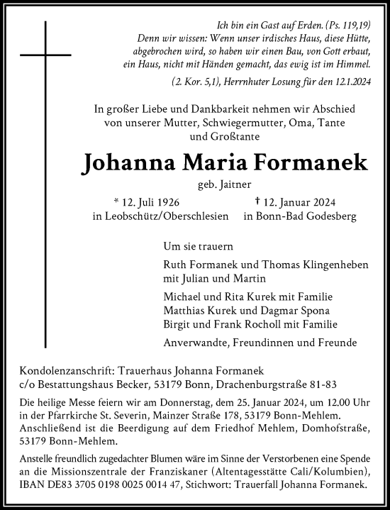 Anzeige von Johanna  Formanek von General-Anzeiger Bonn