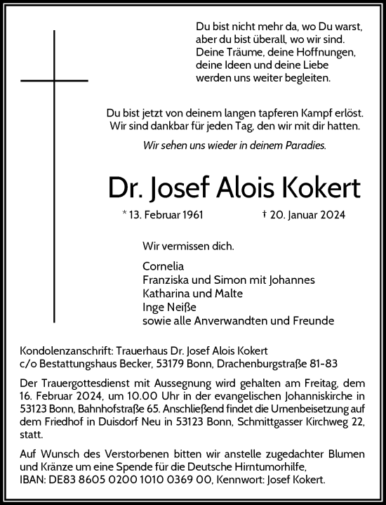 Anzeige von Josef Alois Kokert von General-Anzeiger Bonn