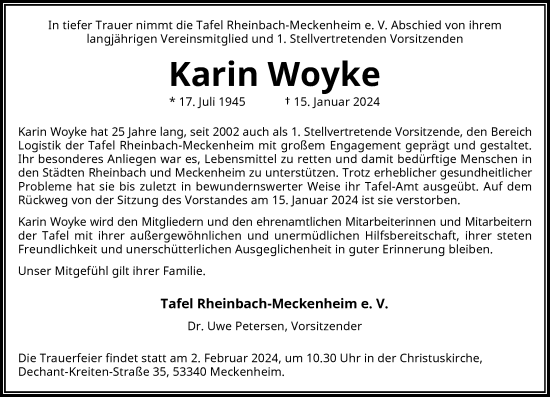 Anzeige von Karin Woyke von General-Anzeiger Bonn