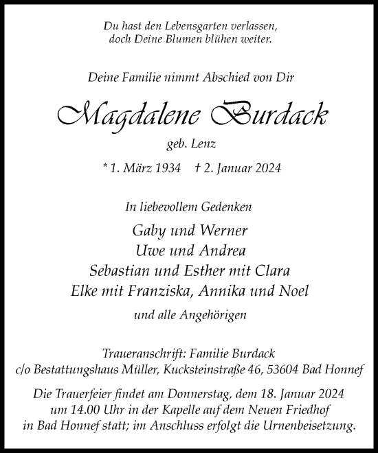 Anzeige von Magdalene Burdack von General-Anzeiger Bonn