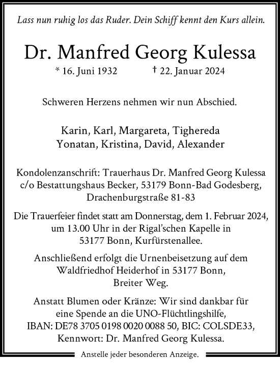 Anzeige von Manfred Georg Kulessa von General-Anzeiger Bonn