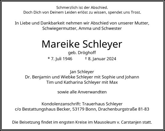 Anzeige von Mareike Schleyer von General-Anzeiger Bonn