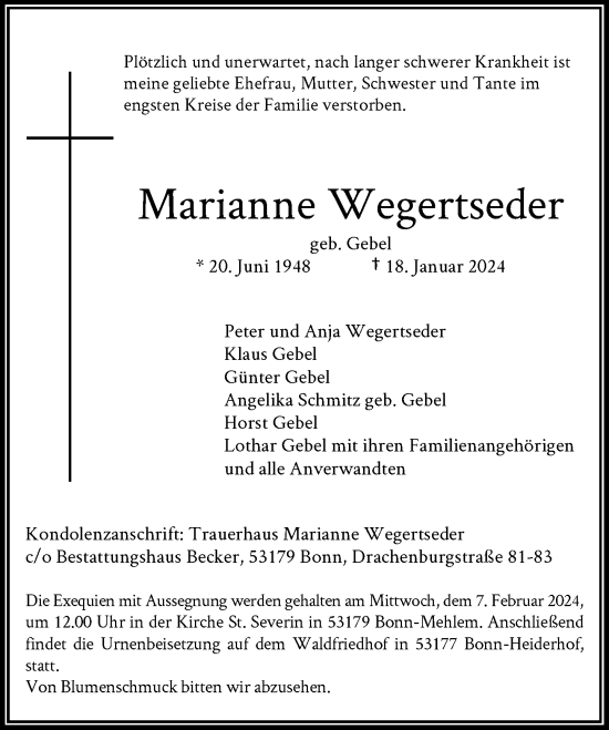 Anzeige von Marianne Wegertseder von General-Anzeiger Bonn
